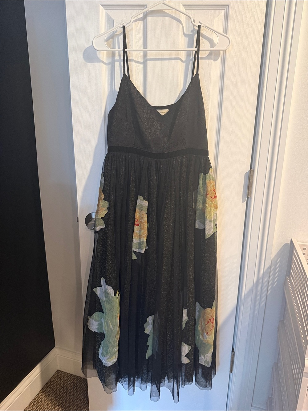 Anthropologie Women’s Black Floral Tulle Spaghetti-Strap Dress